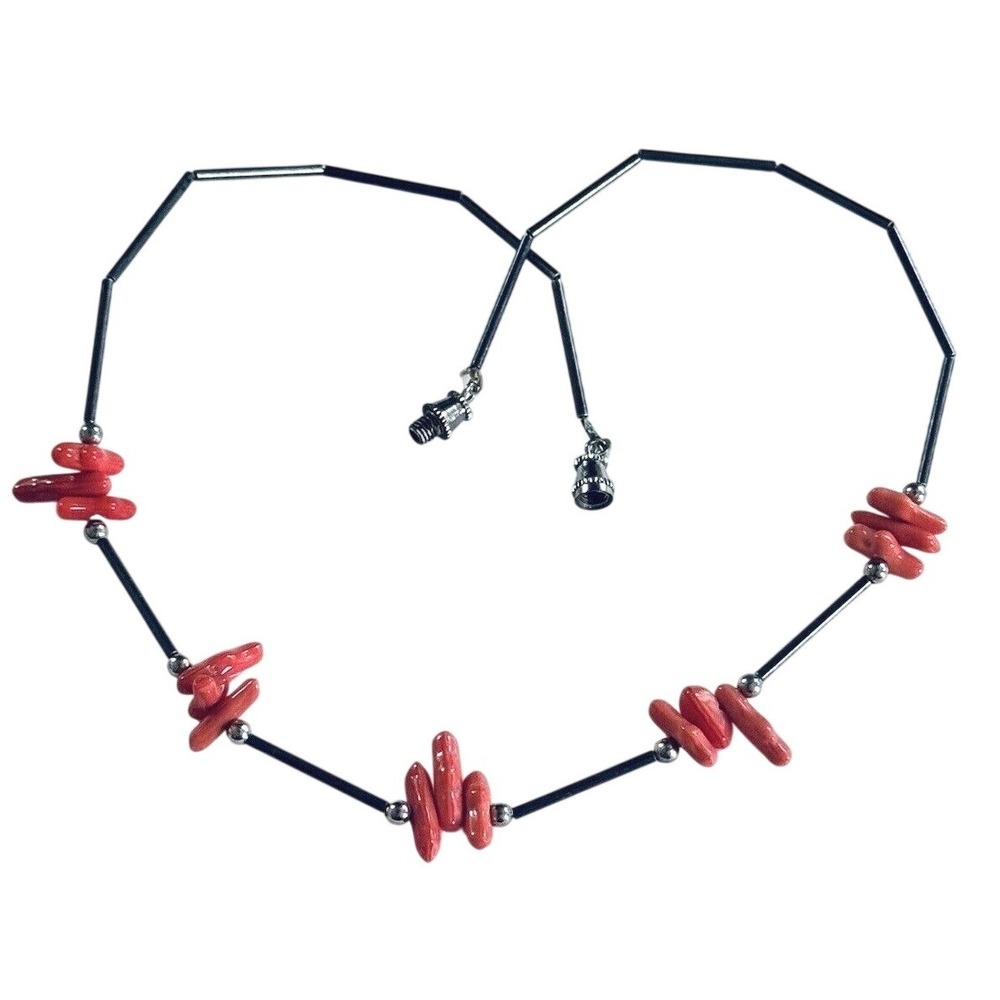 VTG Beaded Red Coral‎ Navajo Necklace Genuine Sterling .925 Natural Beads Choker